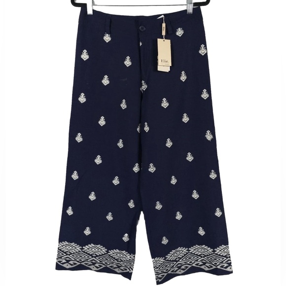 ELIE. ELIE TAHARI LINEN Blend Pants Embroidered Wide Leg...